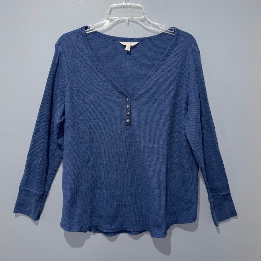 Terra & Sky Henley Top Women 1x Blue Cotton Blend Waffle Knit V-Neck Casual